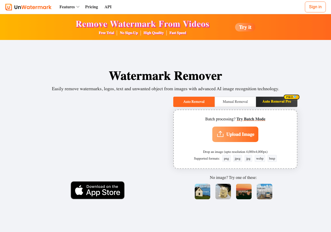 Unwatermark AI Video Editing showing Video Editing - Your solution to remove watermarks effortlessly.