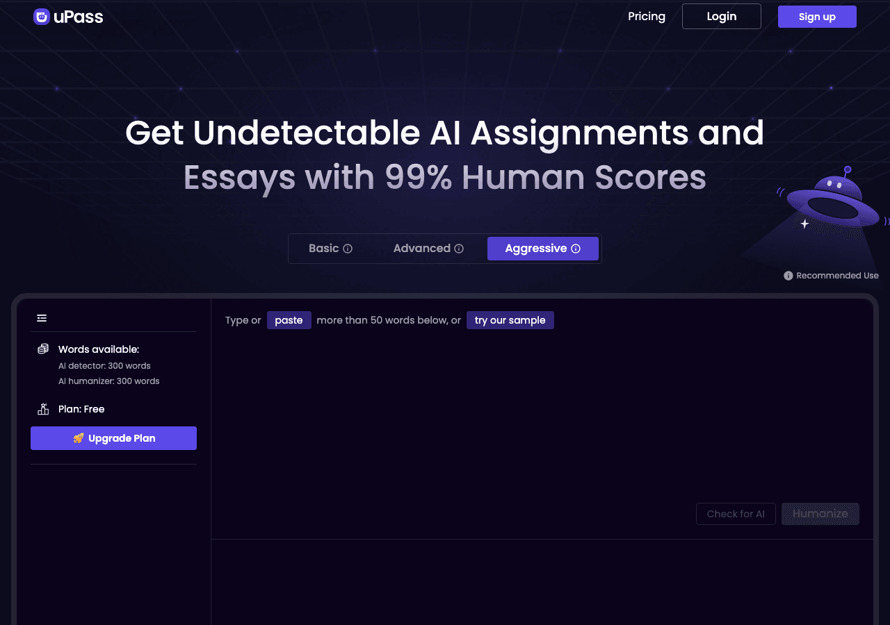uPass AI Conversational AI showing Conversational AI - Undetectable AI. Bypass AI for Free.