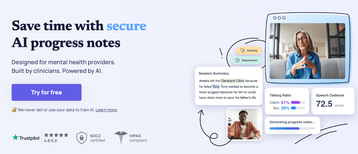 Upheal Productivity & Collaboration showing Productivity & Collaboration - Save time with secure AI progress notes