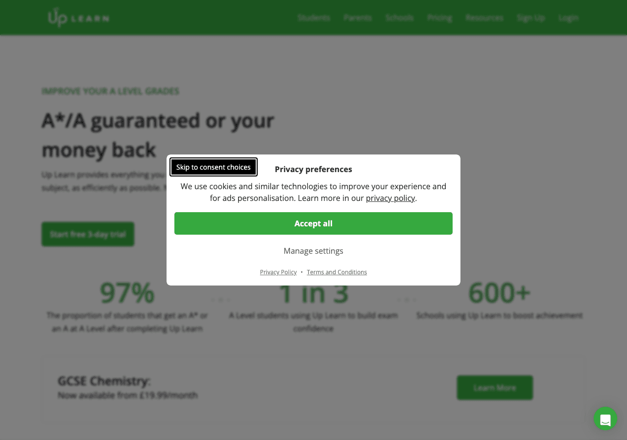 Up Learn Conversational AI showing ai-powered learning - A*/A guaranteed or your money back