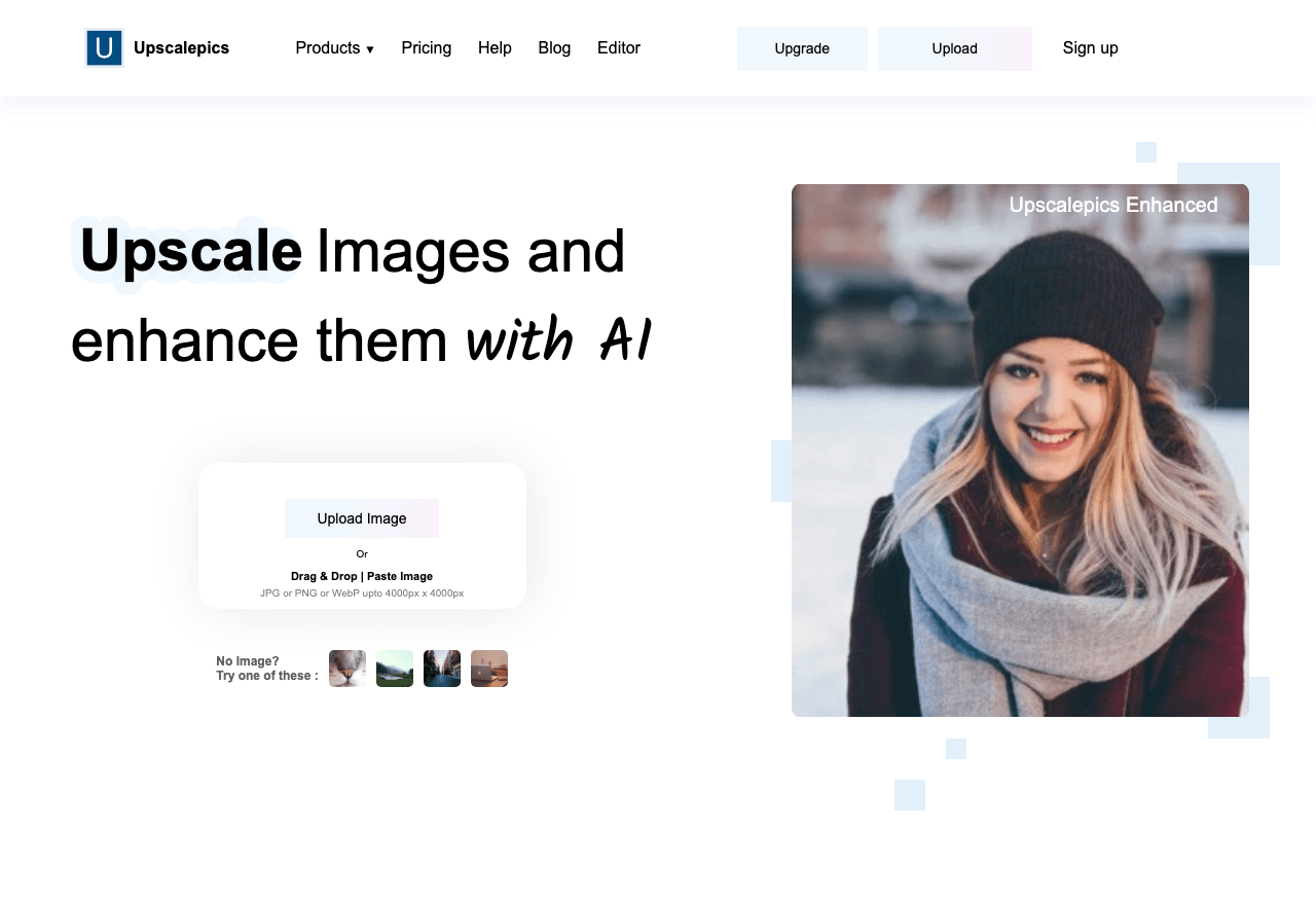 Upscalepics Image Generation showing Image Generation - Upscale and enhance images online for free with AI