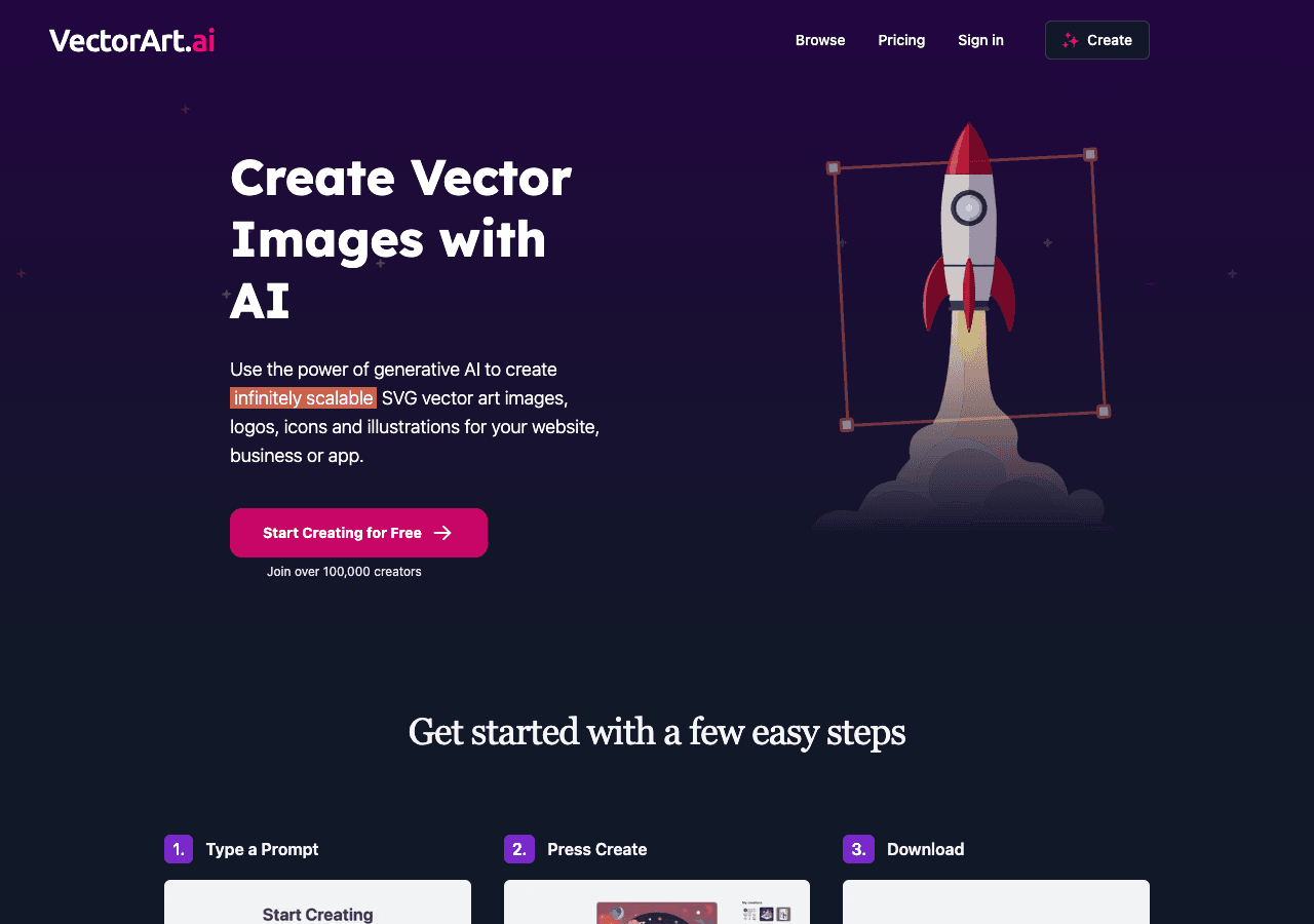 VectorArt.ai Image Generation showing Image Generation - Create stunning SVG vector art from text or sketches—fast, easy, and