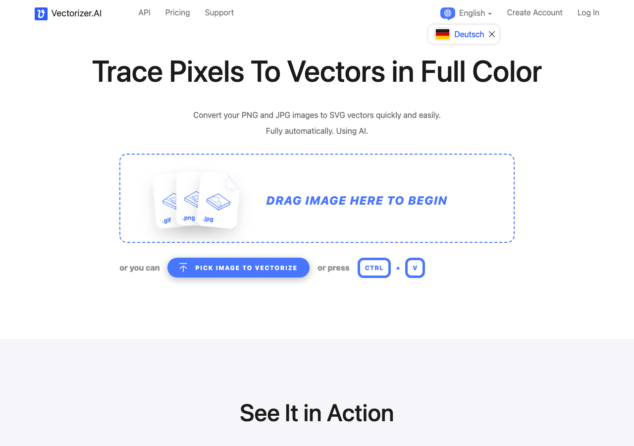 Vectorizer.AI Design showing Design - AI-powered PNG and JPG to SVG conversion with professional-grade vector results