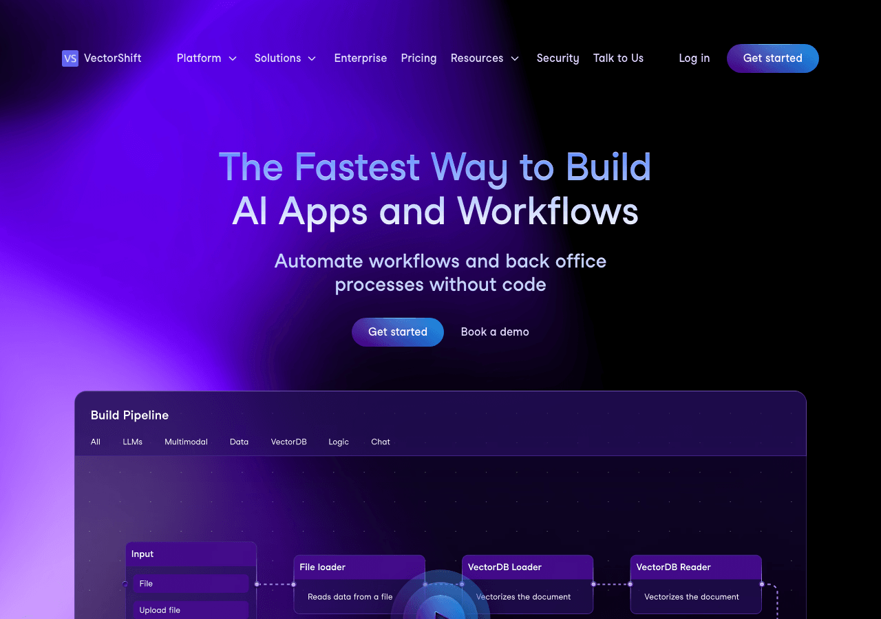 VectorShift Conversational AI showing Conversational AI - End-to-end AI automation for data of any format