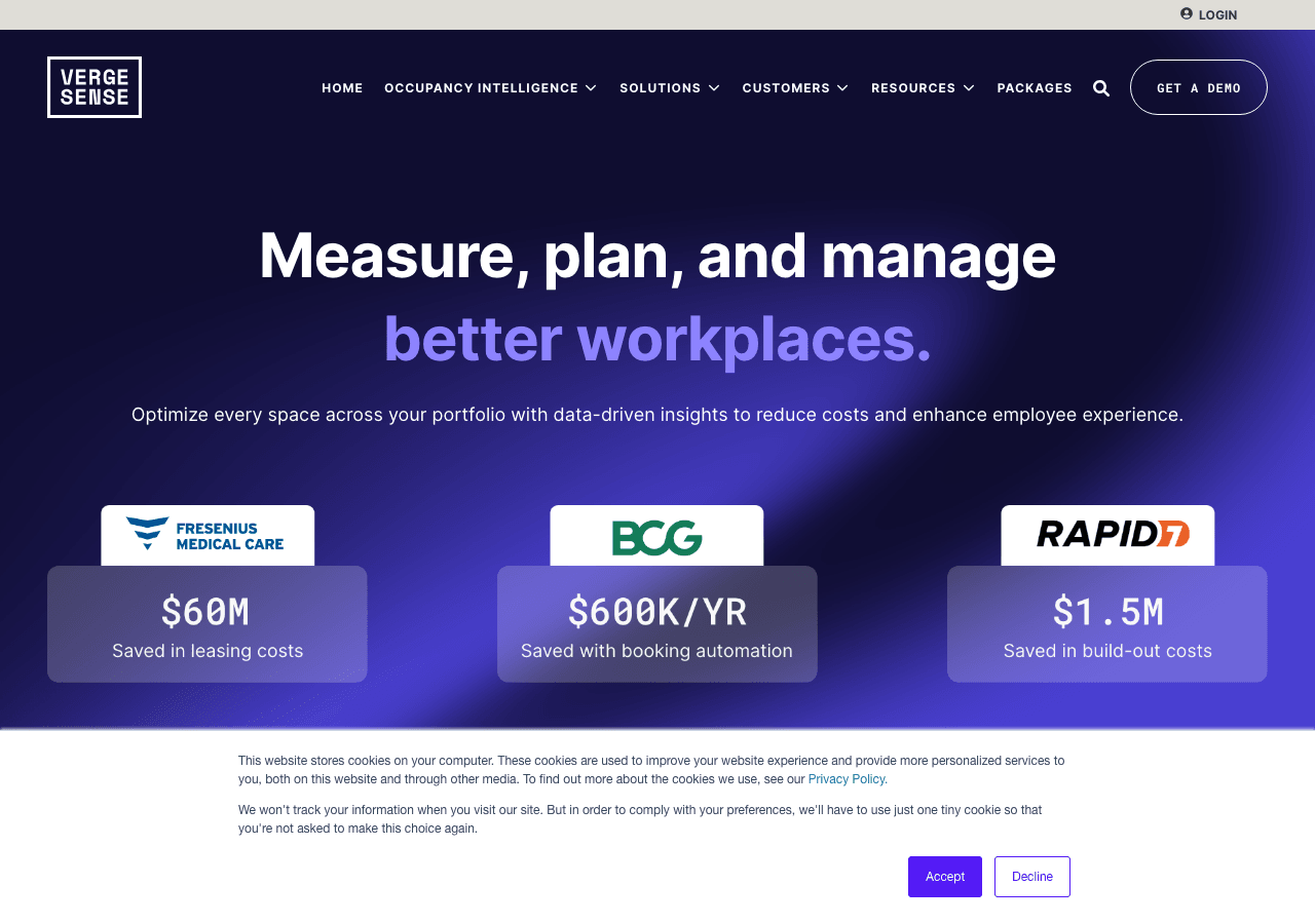 VergeSense Data Analytics showing Data Analytics - Transforming workspaces with AI-powered occupancy intelligence