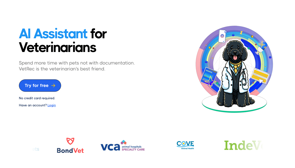 VetRec Conversational AI showing Conversational AI - Effortless Veterinary Record Management