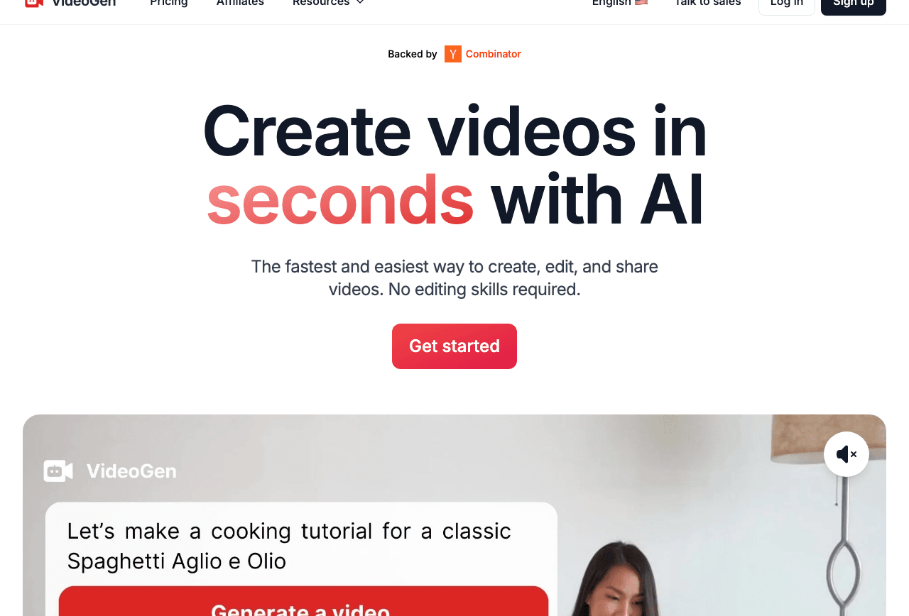 VideoGen Video Editing showing Video Editing - Create, edit, and scale your videos with AI