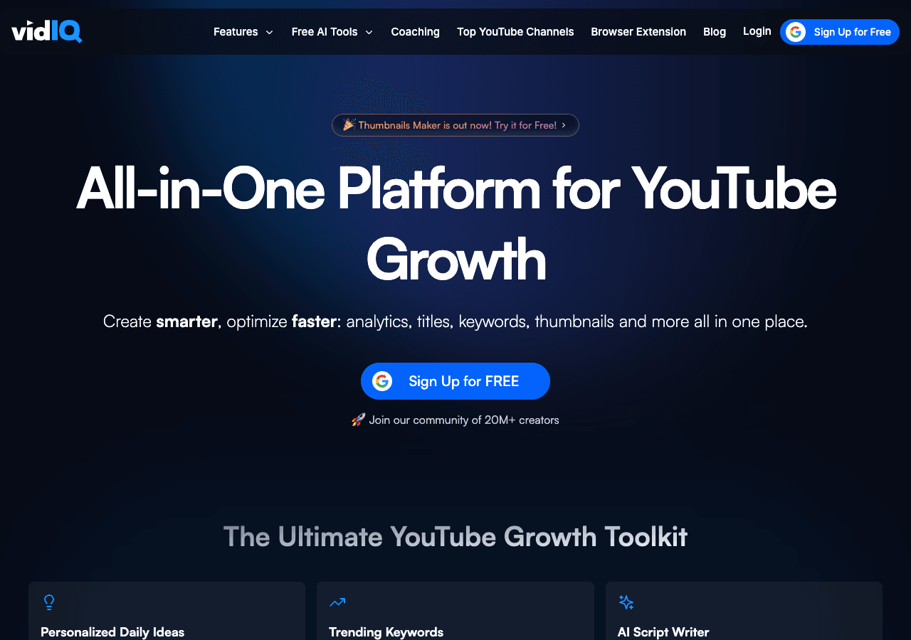 vidIQ Search & Discovery showing Search & Discovery - Unlock YouTube Growth with AI-Powered Insights