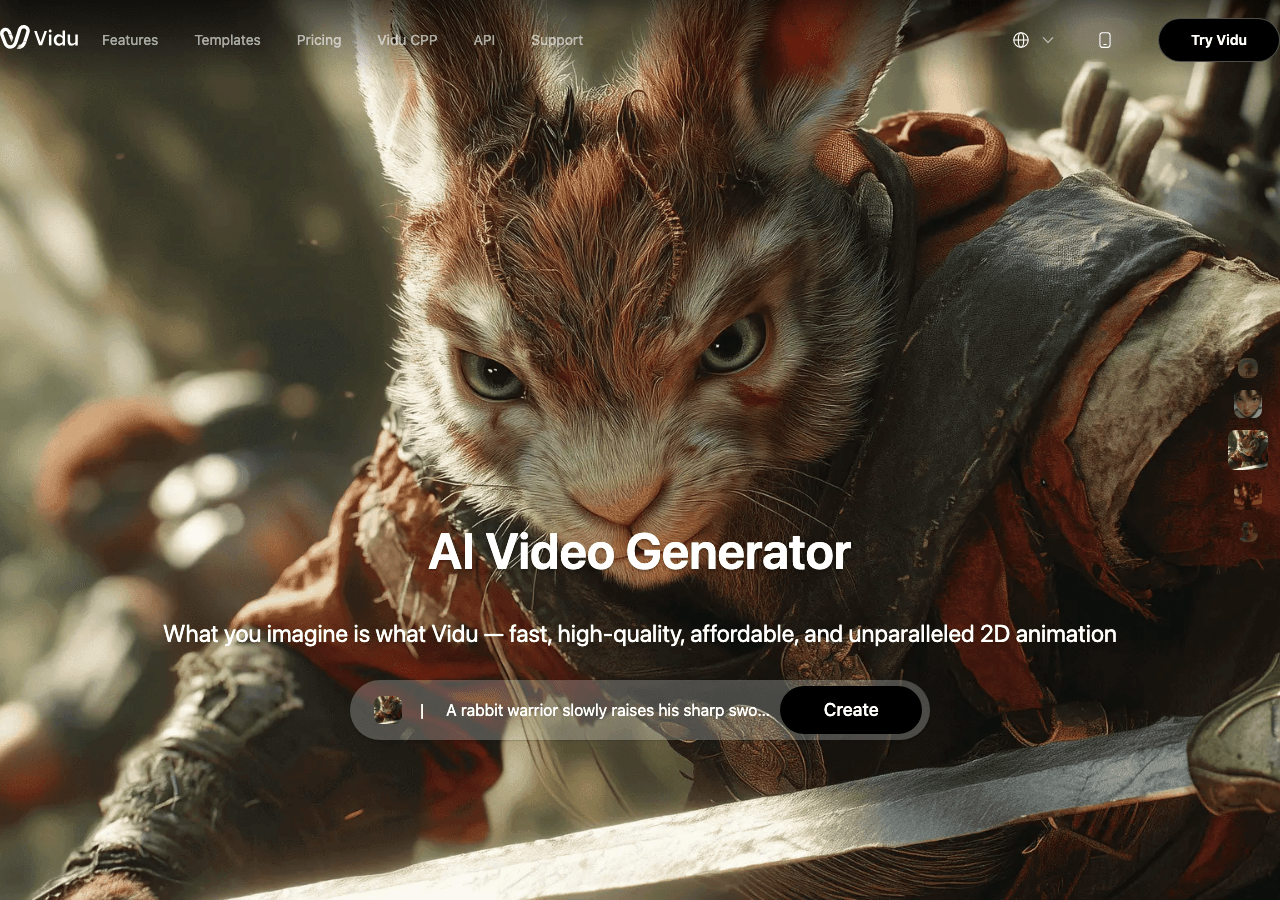 Vidu AI Video Generation showing Video Generation - What You Imagine, Vidu Creates. Next-Gen AI Video.