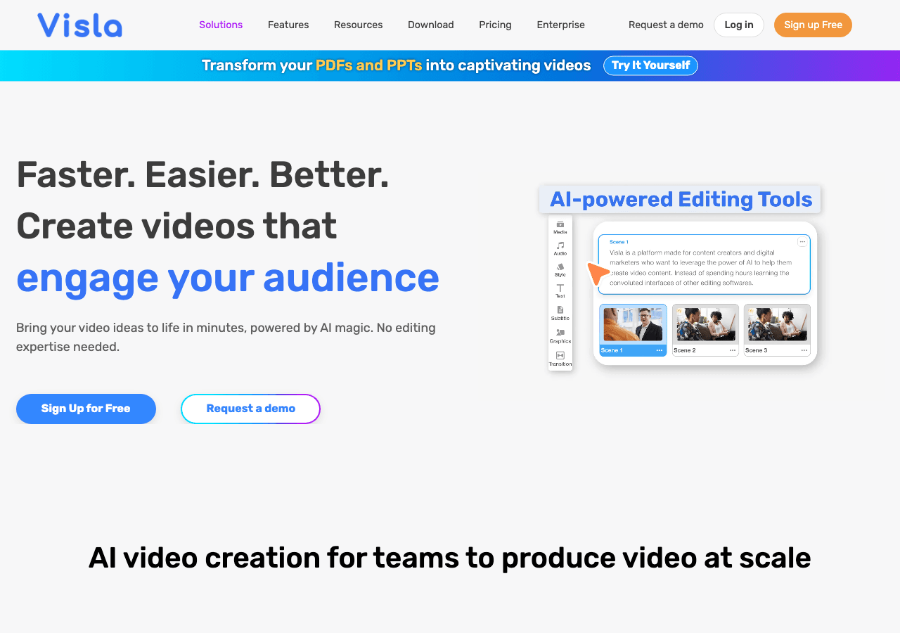 Visla Video Generation showing Video Generation - AI Video Creation. Effortless. Powerful. Collaborative.