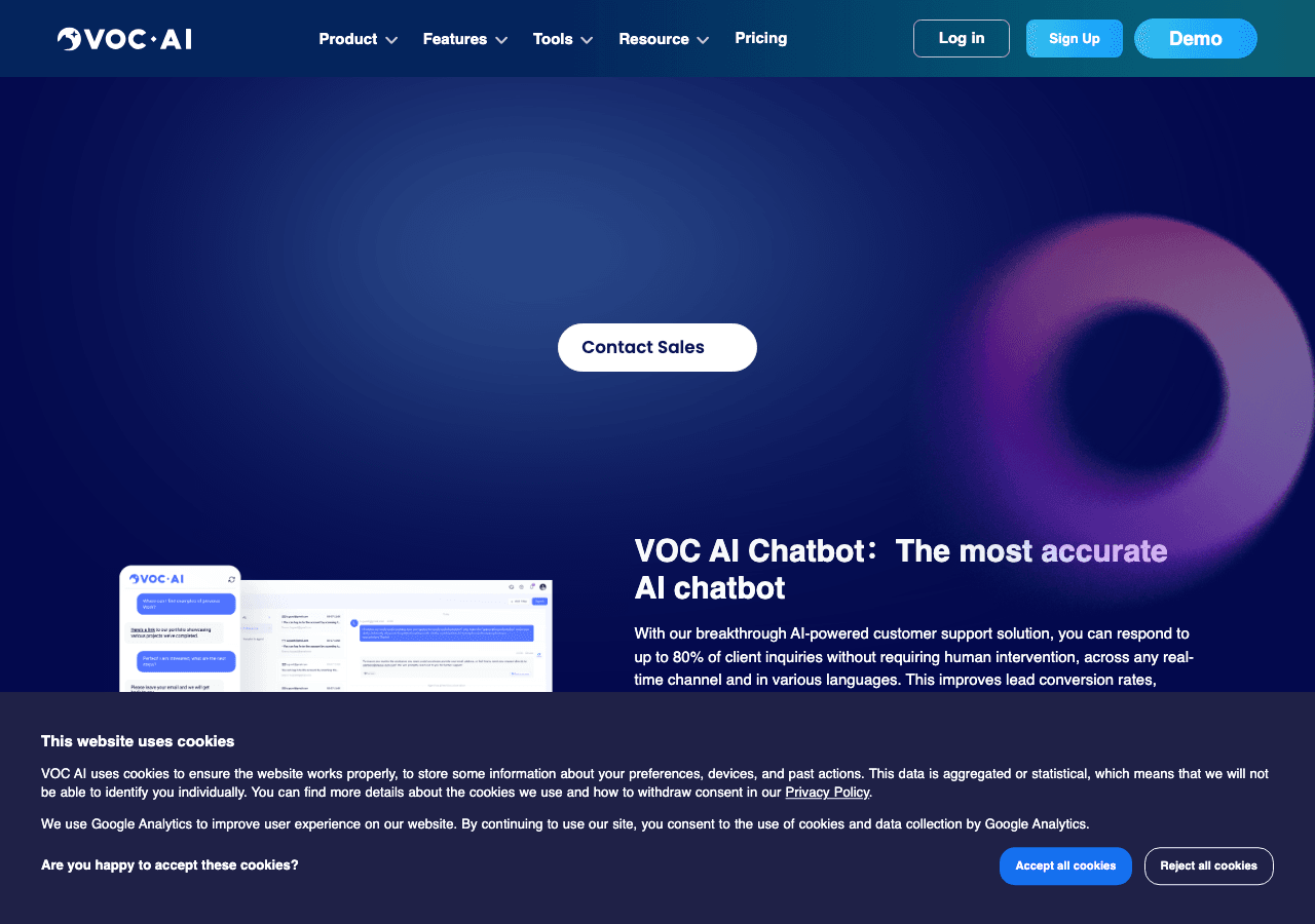 VOC AI Conversational AI showing Conversational AI - Boost conversions with AI-powered chatbots for ecommerce support