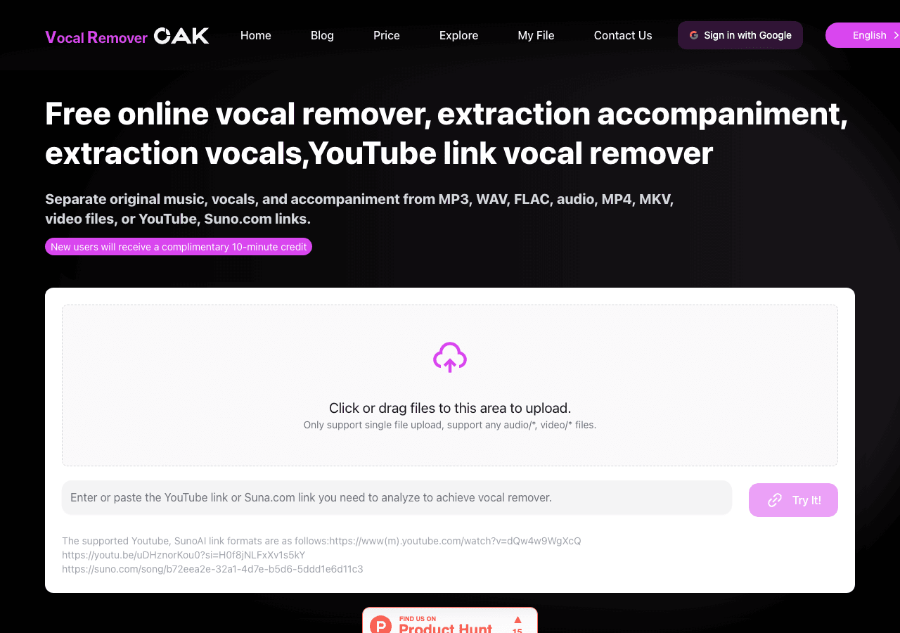Vocal Remover Oak Audio Editing showing Audio Editing - Enhance your music with ease