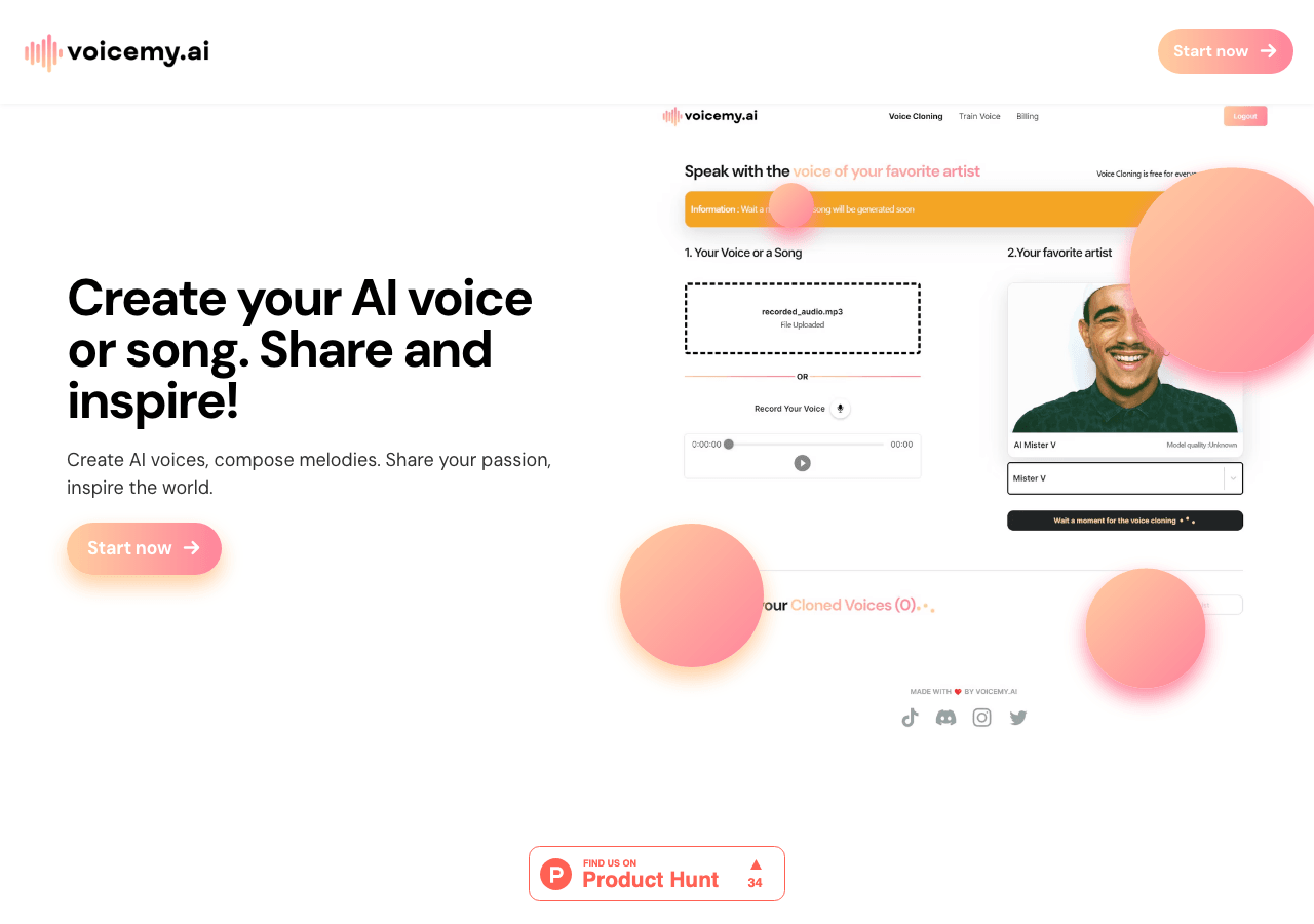 Voicemy.ai Audio Generation showing Audio Generation - Create, Share and Inspire with AI Voice and Song