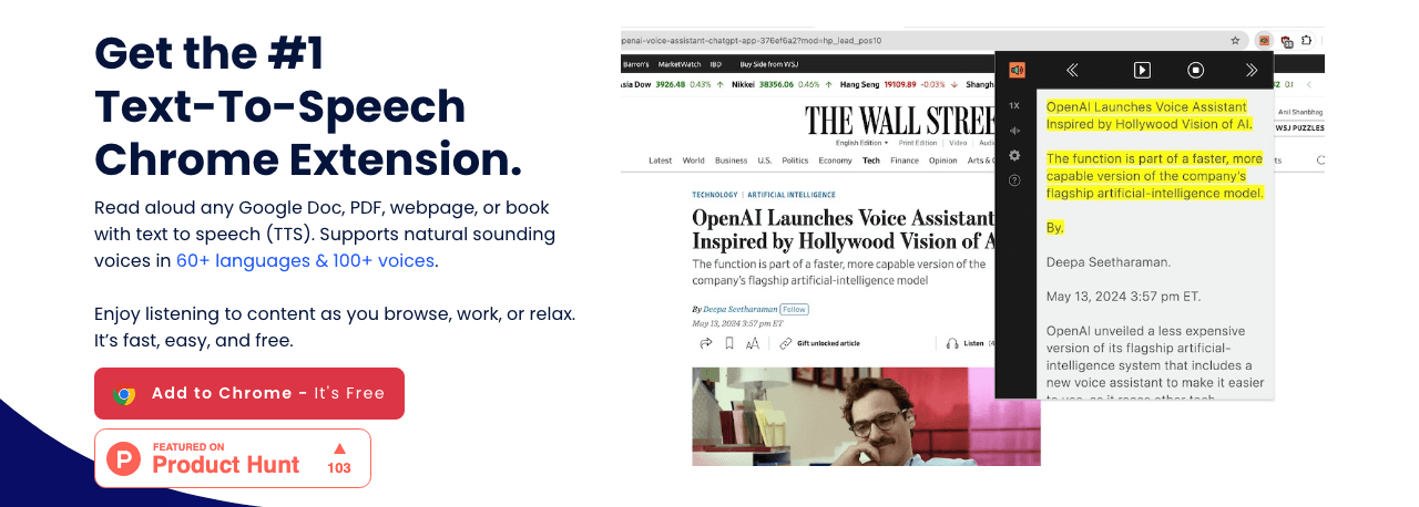 Voice Out Audio Generation showing Audio Generation - Listen to any text in 60+ languages with 100+ natural voices