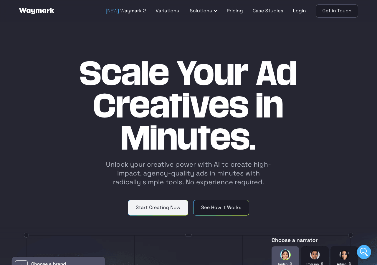 Waymark Marketing Automation showing Marketing Automation - AI video ads. Made in minutes. Built to perform.