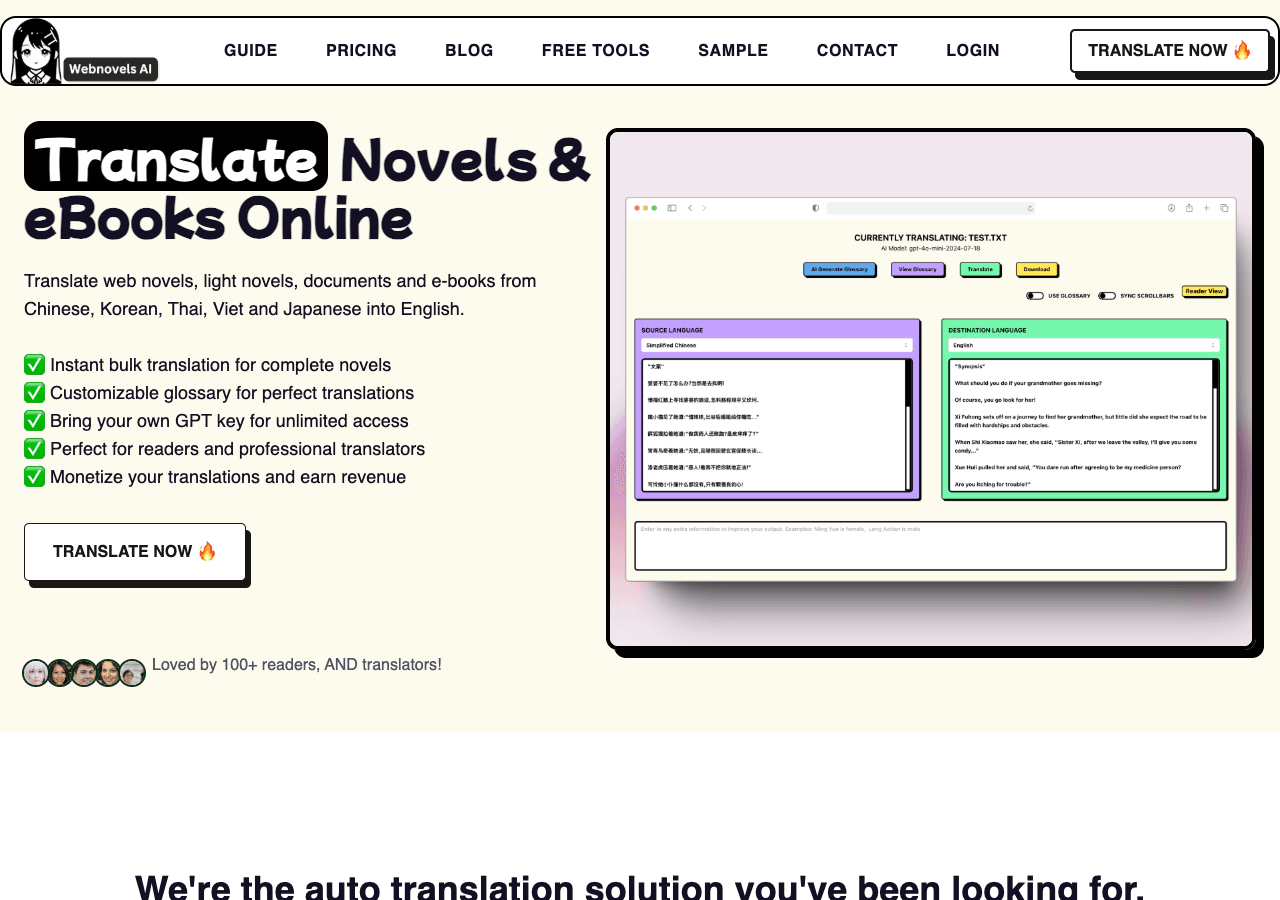 Webnovels AI Writing & Translation showing Writing & Translation - AI-powered web novel translation for authors and publisher
