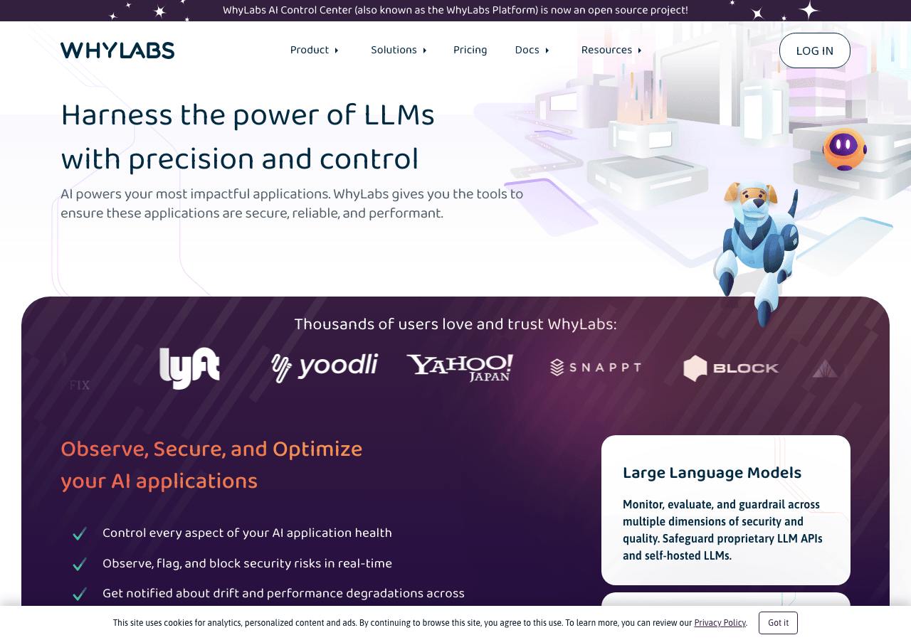 WhyLabs Data Analytics showing Data Analytics - Enable observability to detect data and ML issues faster