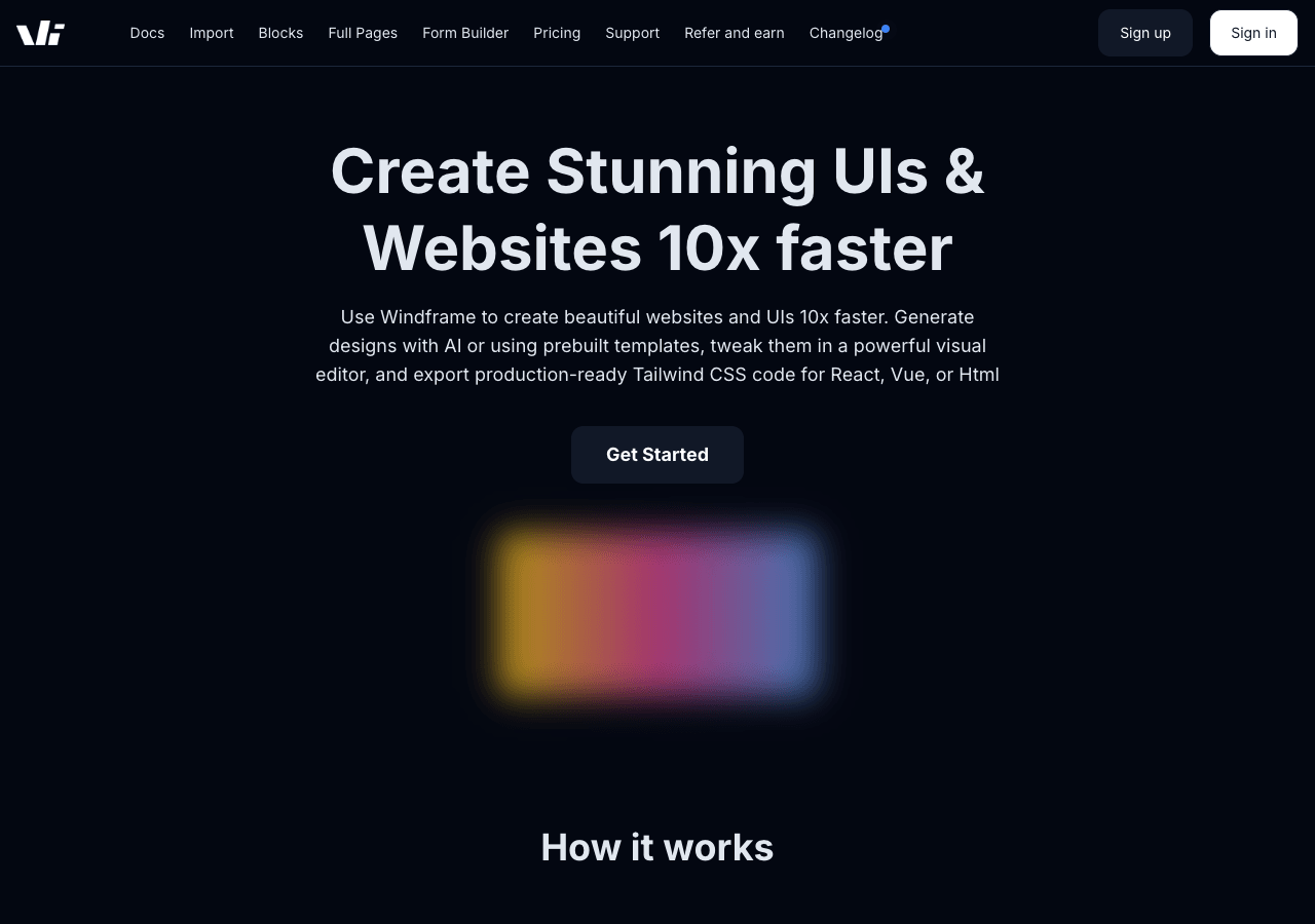 Windframe Design showing Design - Build stunning web UIs 10x faster with AI
