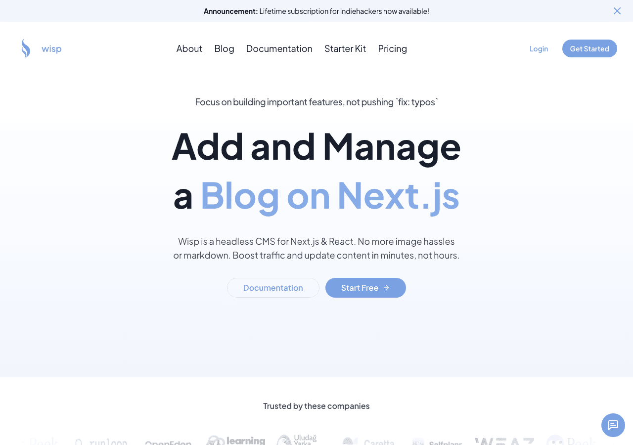 Wisp CMS Writing & Translation showing Writing & Translation - Ship content and features faster—manage your Next.js blog with