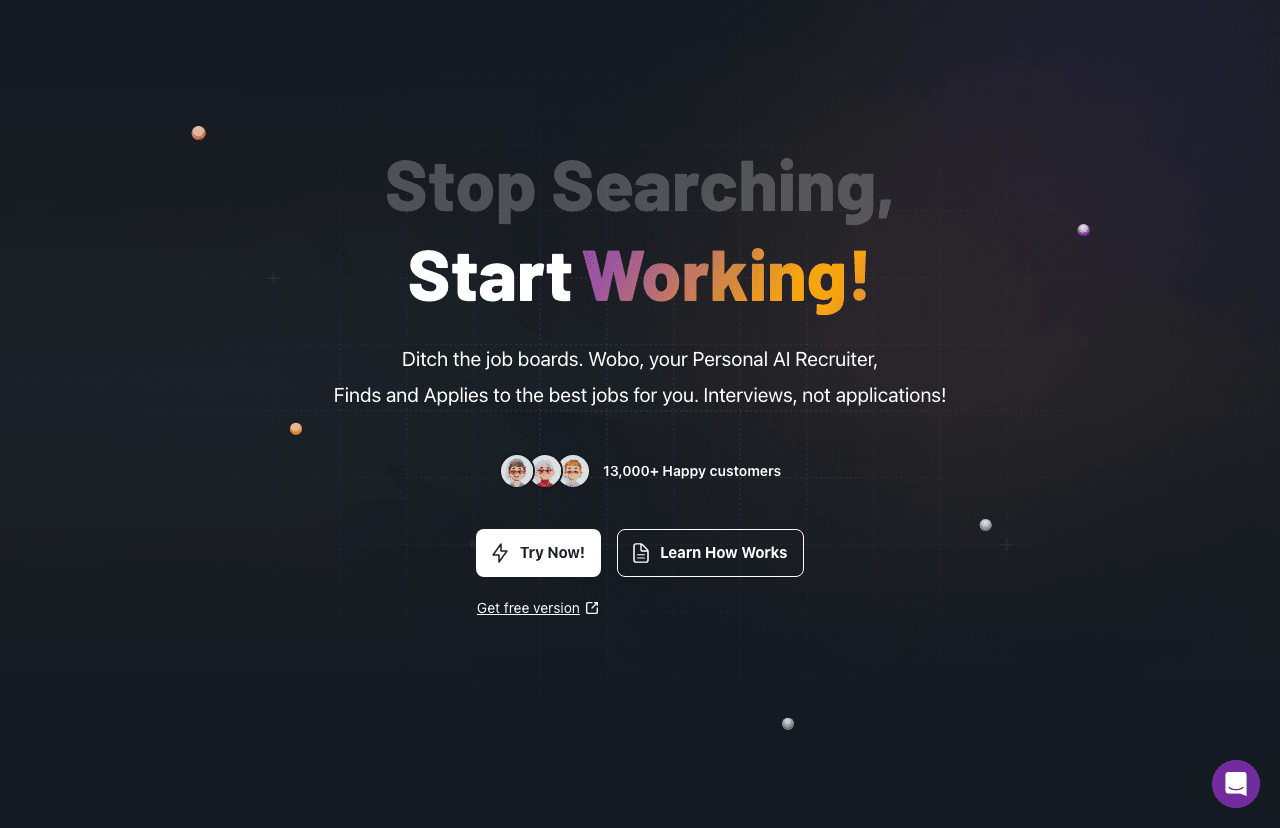 Wobo AI Search & Discovery showing Search & Discovery - AI job search. Smarter matches. Automated applications.