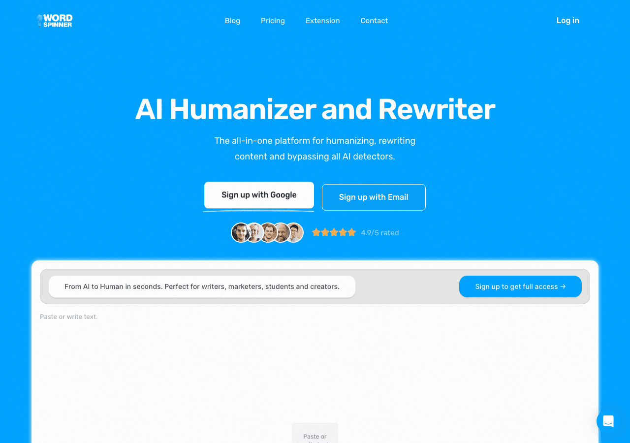 Word Spinner Writing & Translation showing Writing & Translation - Humanize, rewrite, and remove AI detection—all in one plat