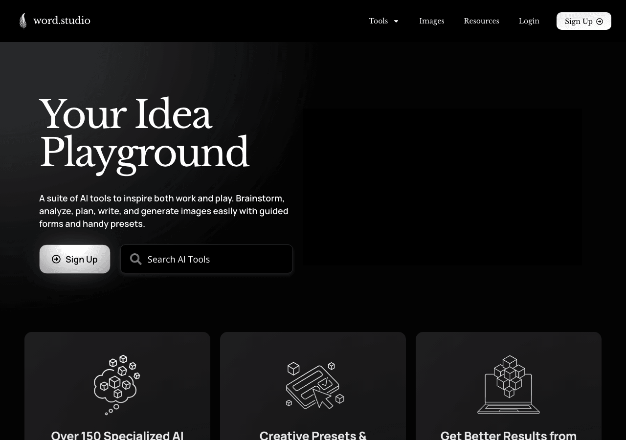 Word.Studio Writing & Translation showing Writing & Translation - A suite of AI tools to inspire both work and play.