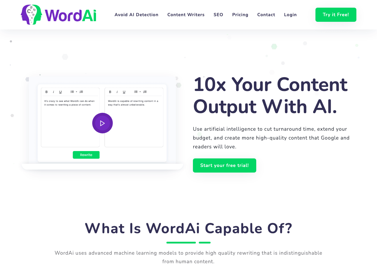 WordAi Writing & Translation showing Writing & Translation - Create human-quality content at scale