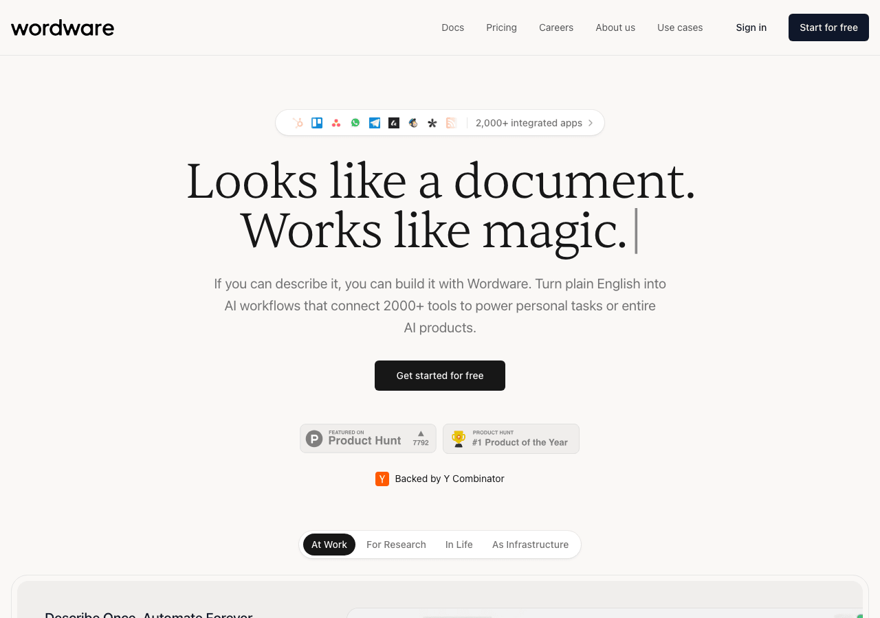 Wordware Conversational AI showing Conversational AI - Automate brilliantly with AI-powered workflows