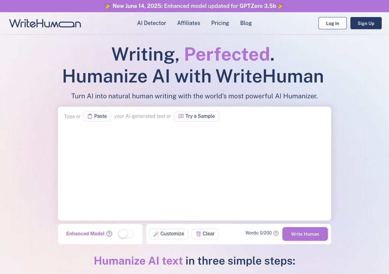 WriteHuman Writing & Translation showing ai text humanizer - Humanize AI text in seconds with detector‑tested, natural‑soundi