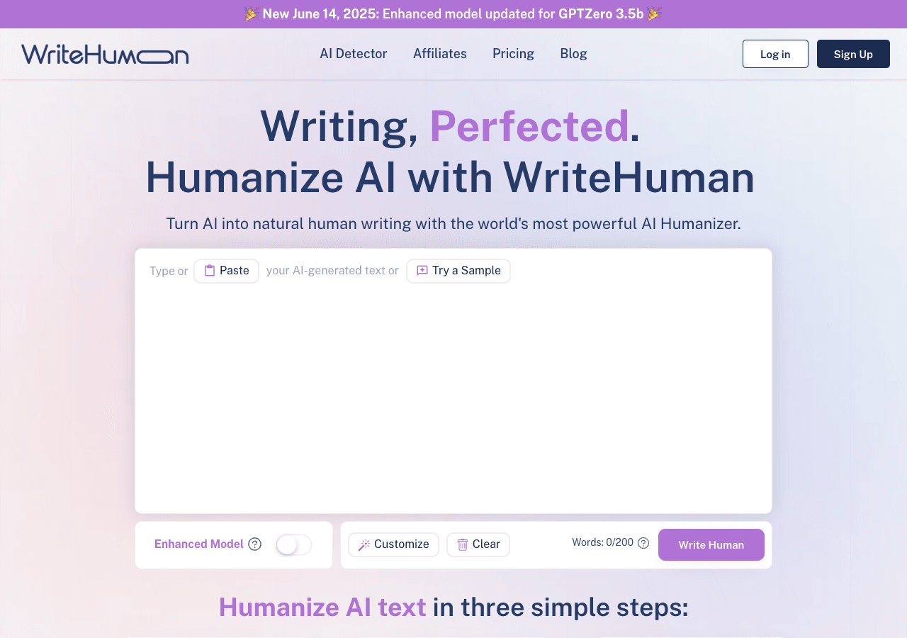 WriteHuman Writing & Translation showing Writing & Translation - Humanize AI text in seconds with detector‑tested, natural‑so