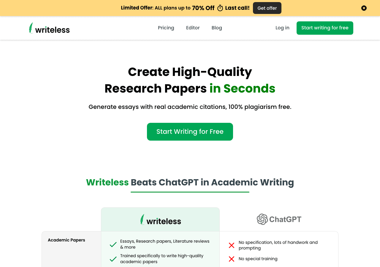 Writeless Writing & Translation showing Writing & Translation - The Only AI Writer With Real Citations and Detection-Proof Es