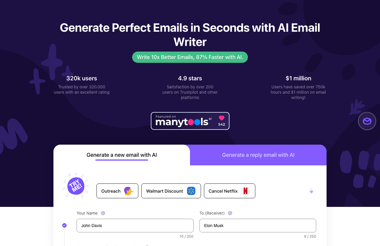 WriteMail.ai Writing & Translation showing Writing & Translation - Write 87% faster—AI-powered emails, personalized and perfe