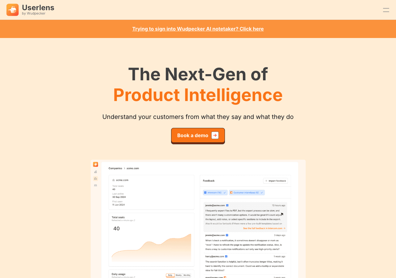 Userlens by Wudpecker Conversational AI showing Conversational AI - Empowering businesses with AI-driven insights