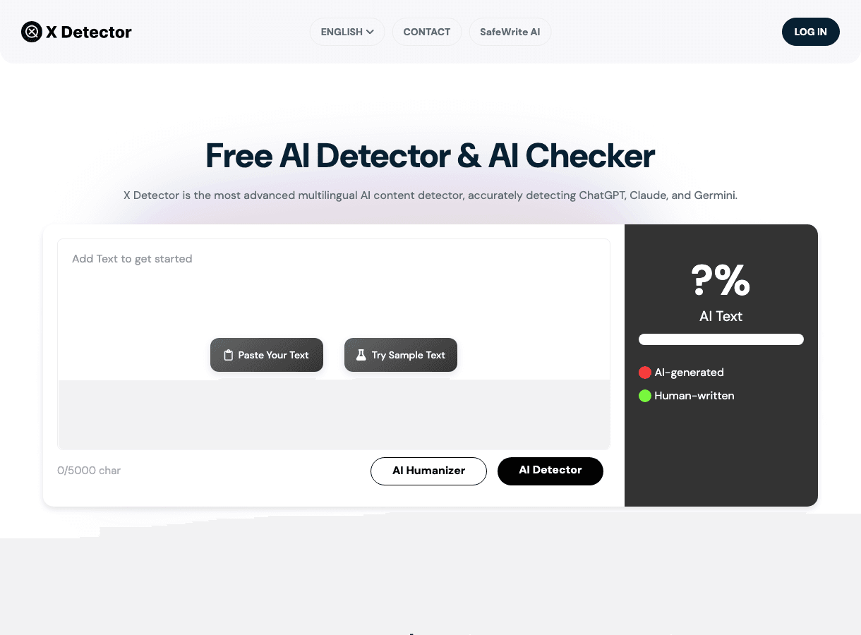 X Detector Search & Discovery showing Search & Discovery - Ensure your text is truly human—free multilingual AI content detec