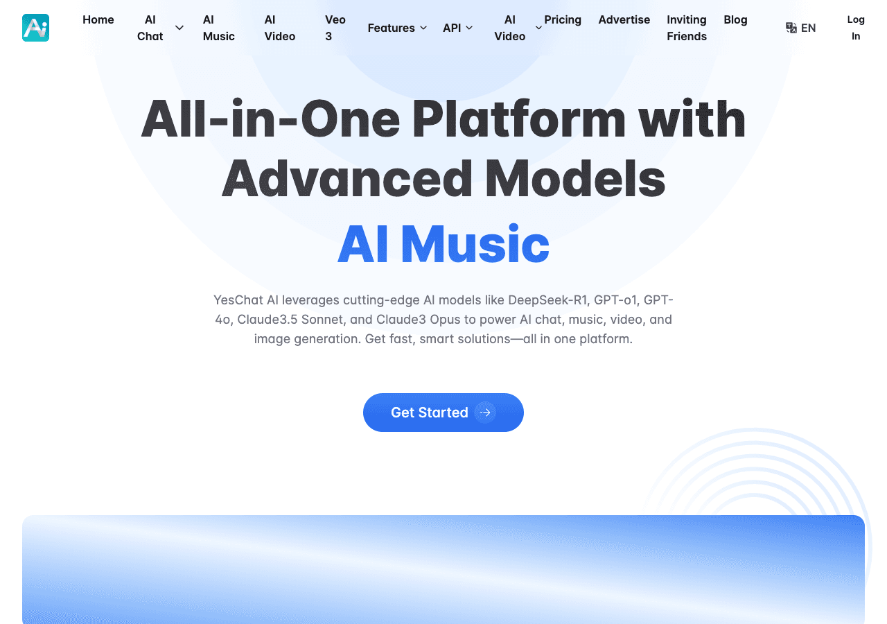 YesChat.ai Conversational AI showing all-in-one ai platform - One Platform for Everything: AI Chat, Music, Video, Images & 20