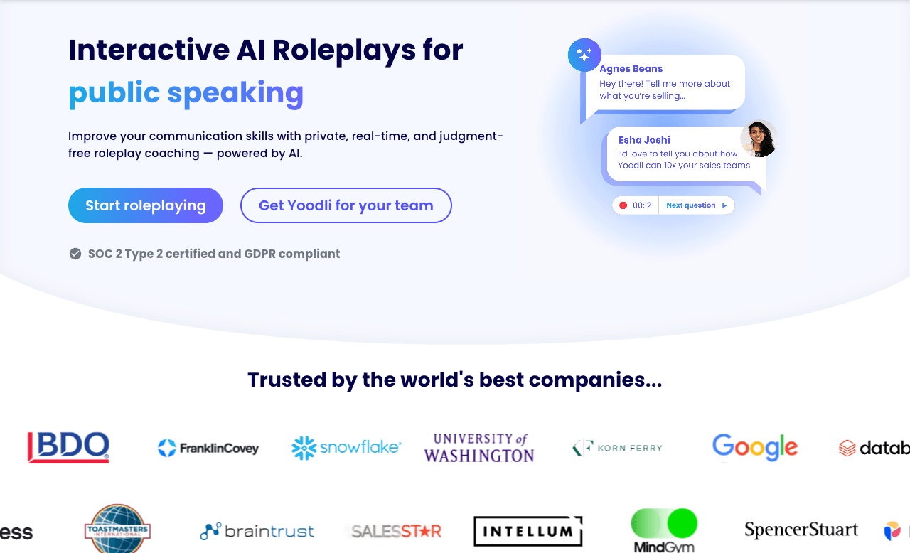 Yoodli Conversational AI showing Conversational AI - Improve your communication skills with private, real-time, and judgment-