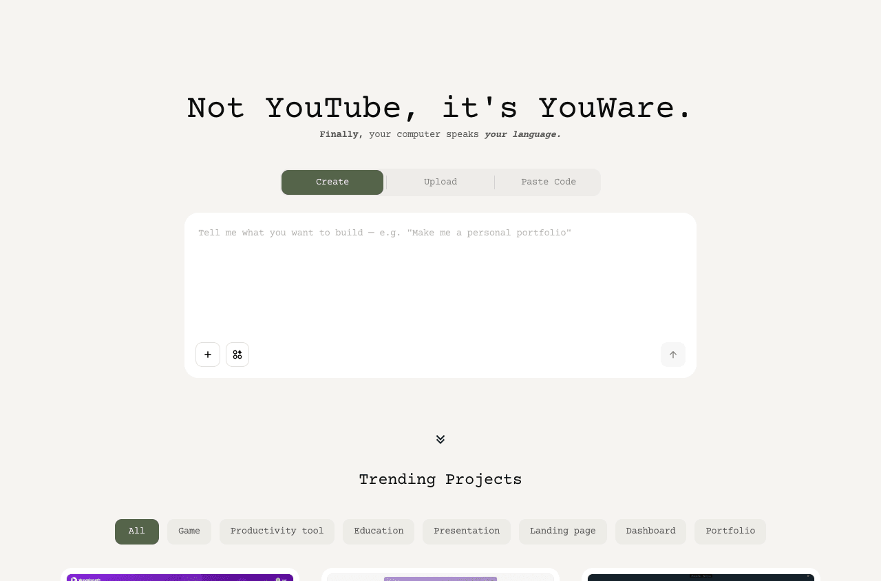 YouWare Code Assistance showing Code Assistance - Turn any idea into a live website—instantly, with AI.