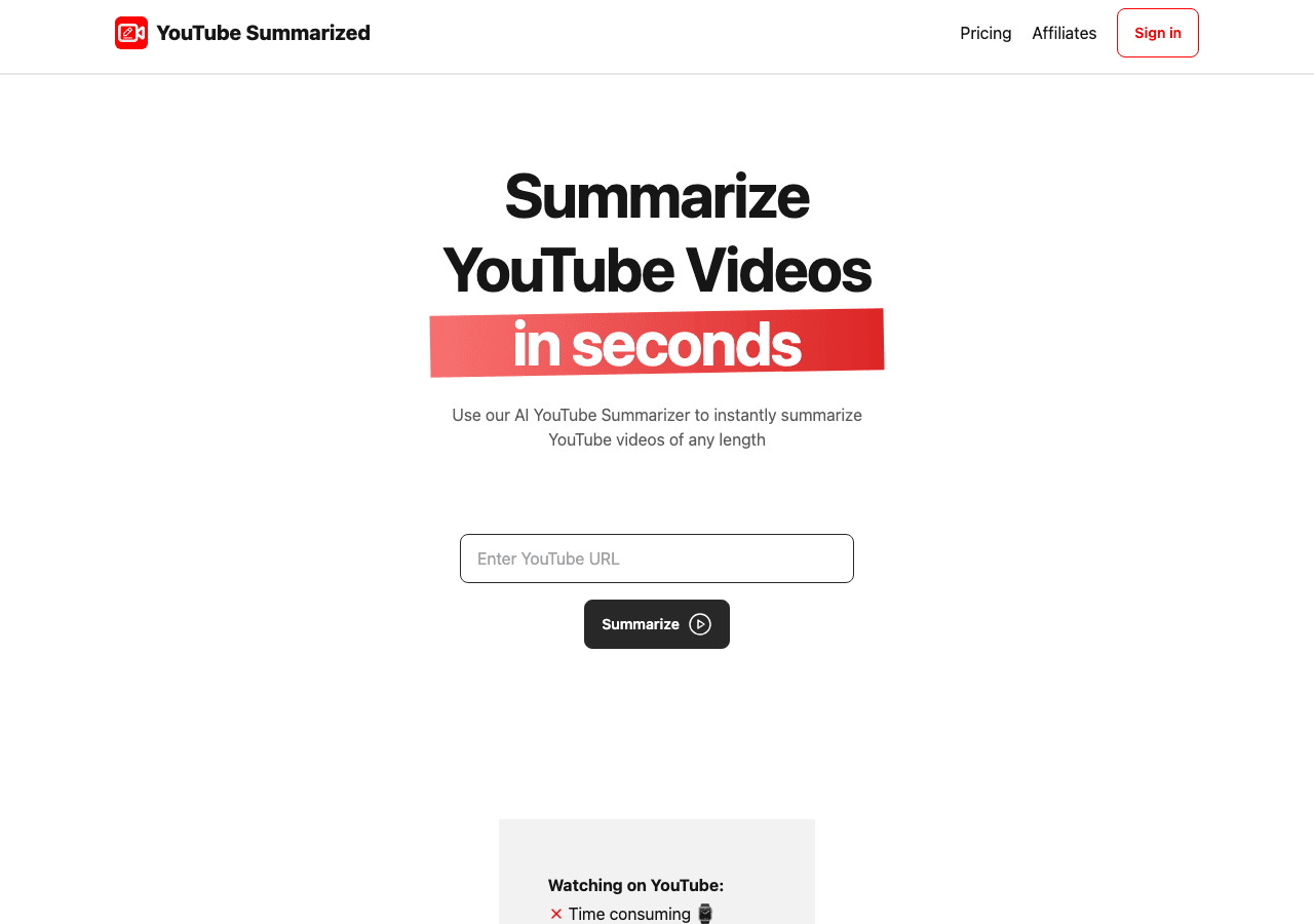 YouTube Summarized Search & Discovery showing Search & Discovery - Quick, clear YouTube video summaries with AI