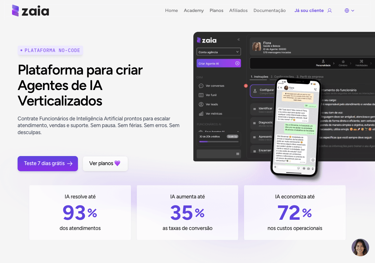 Zaia Conversational AI showing Conversational AI - Build, Brand, and Sell Your AI Employees.