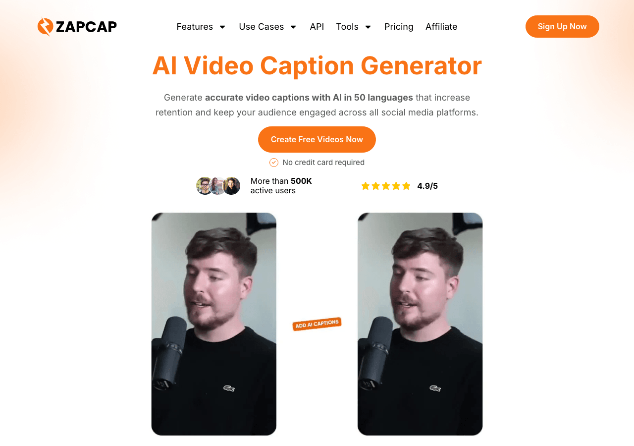 ZapCap Video Editing showing Video Editing - AI video captions, animated subtitles, and content upgrades in seconds