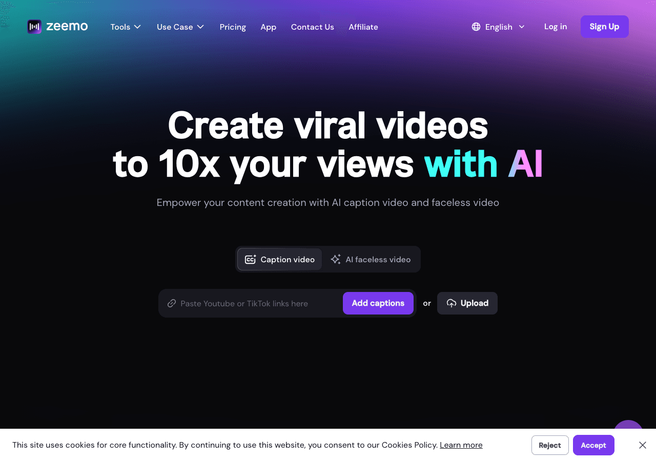 Zeemo Video Editing showing ai video captions - Transform text to viral videos in minutes with AI captions and smart editing