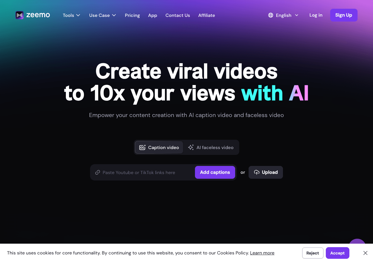 Zeemo Video Editing showing Video Editing - Transform text to viral videos in minutes with AI captions and smart editing