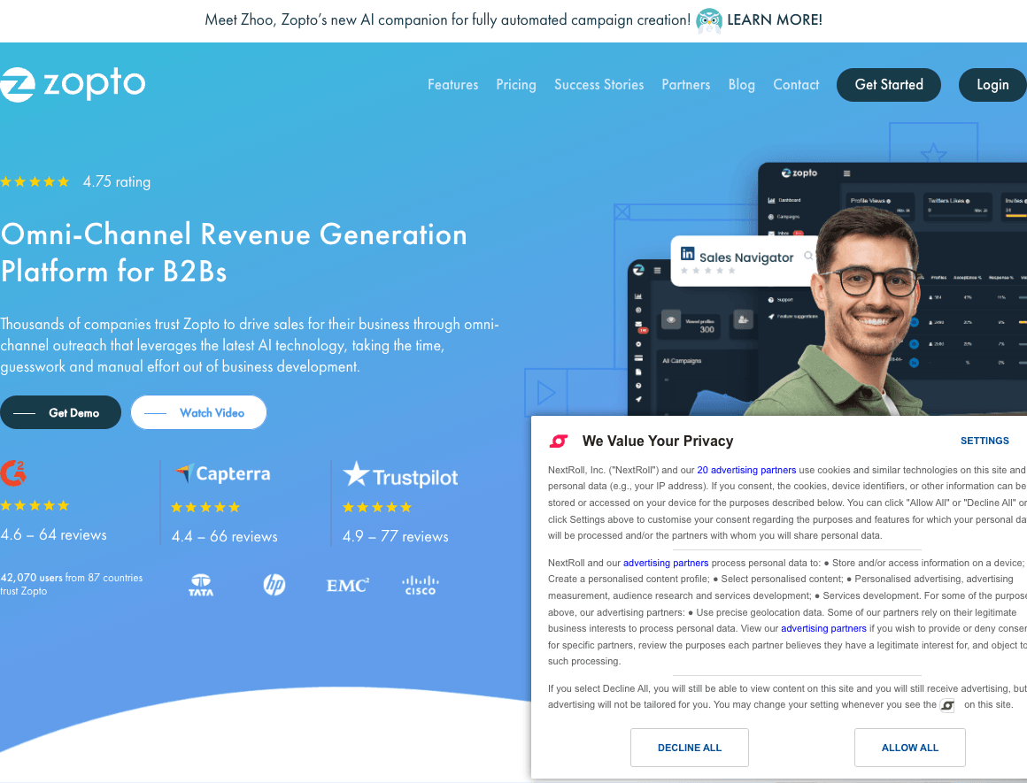 Zopto Marketing Automation showing Marketing Automation - AI-Powered LinkedIn & Email Outreach at Scale