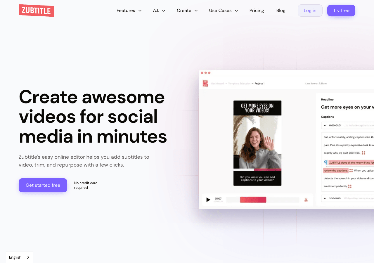 Zubtitle Video Editing showing Video Editing - Create, caption, and edit videos for social media in minutes