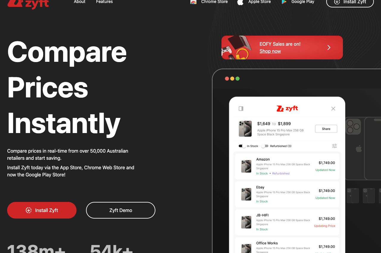 Zyft Search & Discovery showing Search & Discovery - Compare Prices Instantly from Australian Retailers